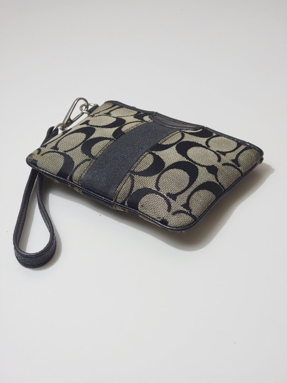 Coach Signature Jacquard Wristlet Khaki Black Stripe Small Pouch Clutch Purse - Picture 7 of 10